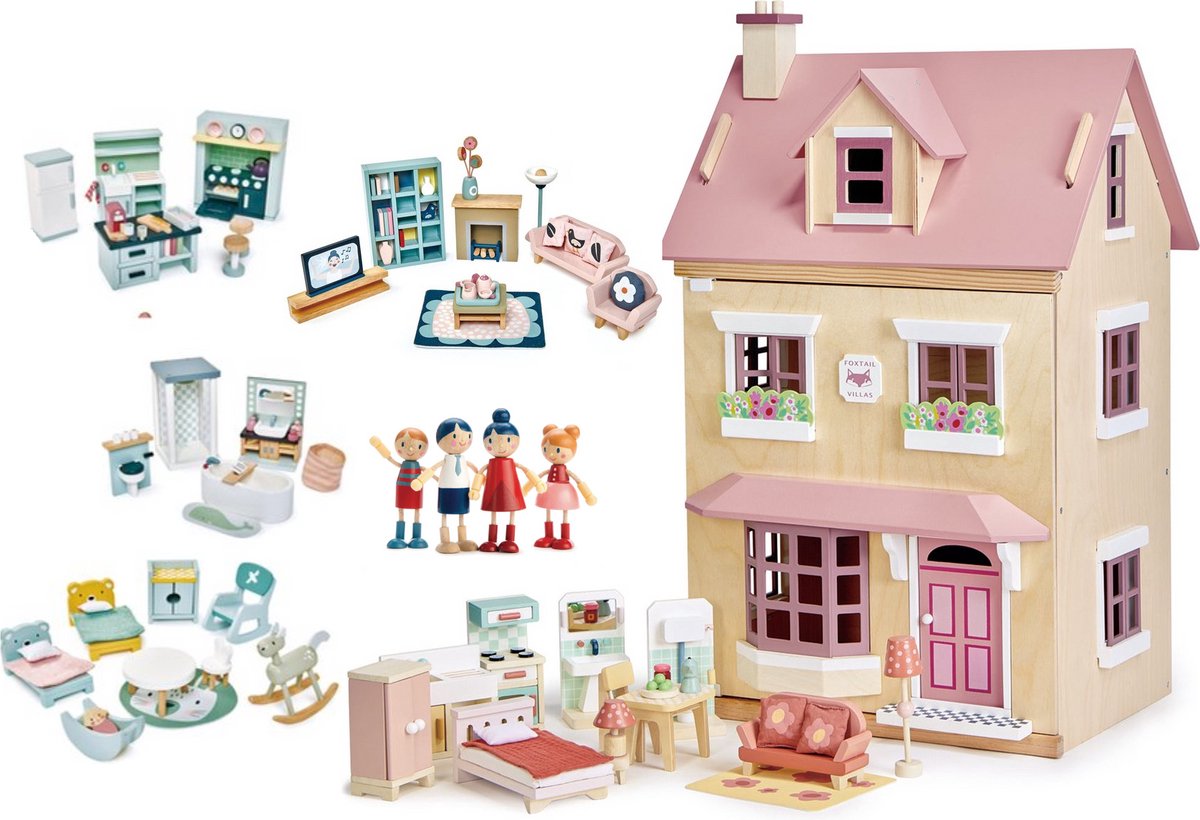 [F] Tender Leaf uniek houten poppenhuis Villa Foxtail XXL 3 verdiepingen inclusief houten poppen familie woonkamer en keuken/slaap/badkamer en kinderkamer meubels - 40 x 72 x 90 cm cm